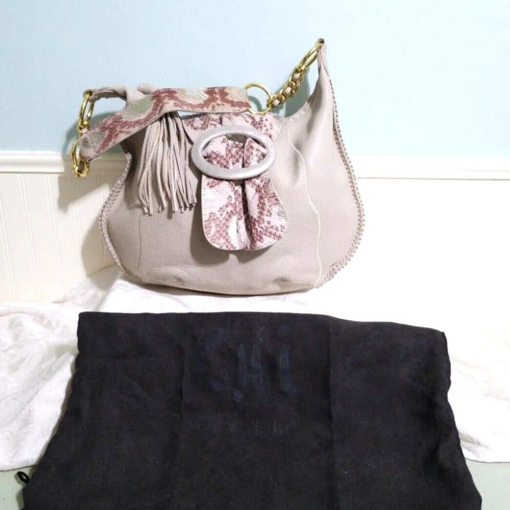 NEW Carlos Falchi CHI Beige 100% Leather Snake Skin Crescent Shoulder Bag Purse